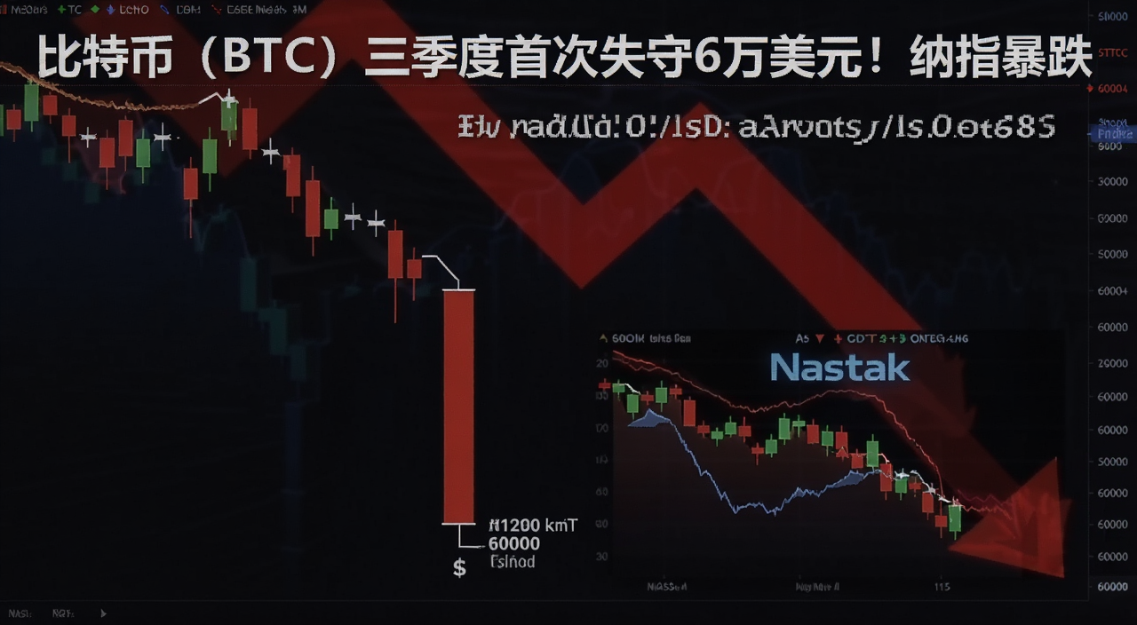 比特币BTC价格走势图,画面中一根大阴线跌破60000美元关口,旁边纳斯达克指数同步下挫,背景带红色下跌箭头,标注“比特币(BTC)三季度首次失守6万美元!纳指暴跌”字样