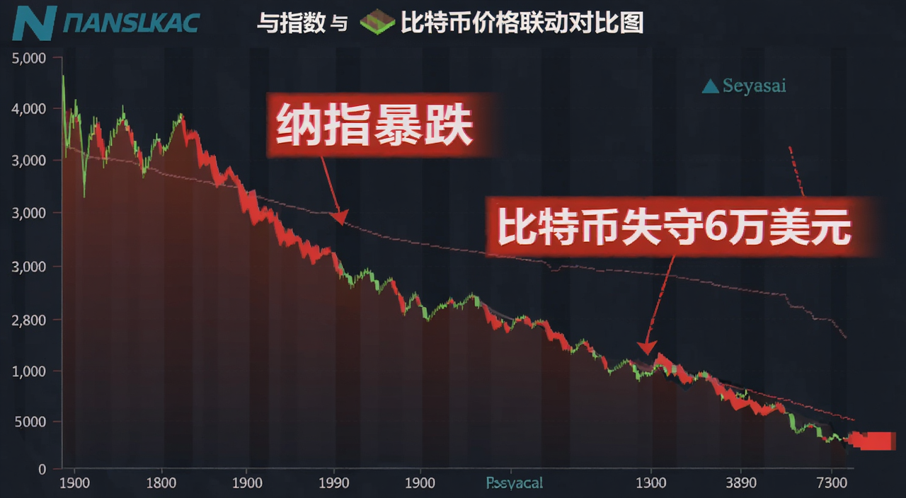 纳斯达克指数与比特币价格联动对比图,展示两者同步下跌走势,标注“纳指暴跌”和“比特币失守6万美元”字样