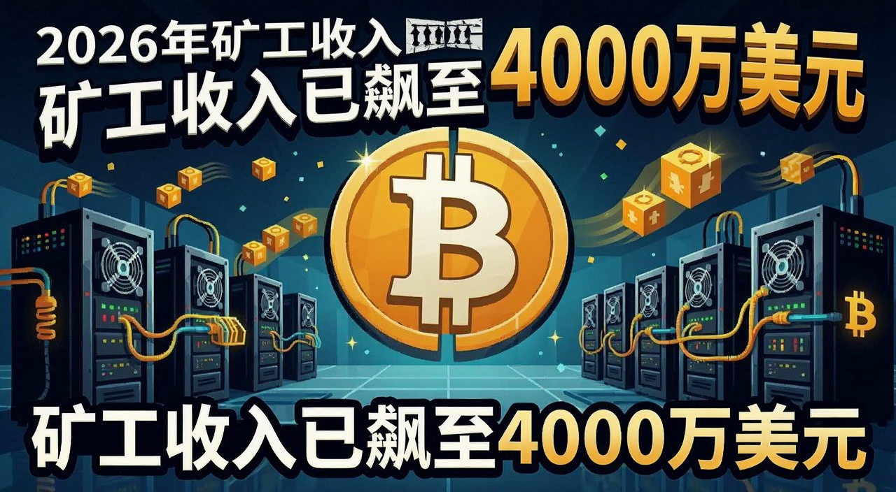 2026年矿工收入已飙至4000万美元主题插画,画面包含比特币符号和矿机设备,文字标注矿工收入已飙至4000万美元