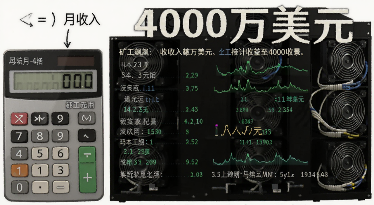 矿工收入已飙至4000万美元收益计算场景图,包含计算器和矿机运行数据,文字标注月收入