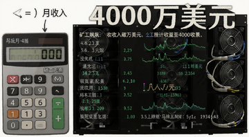 矿工收入已飙至4000万美元收益计算场景图,包含计算器和矿机运行数据,文字标注月收入