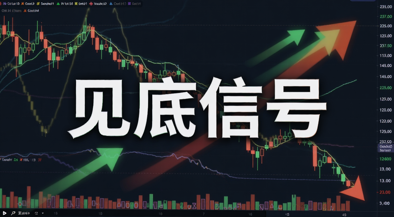 比特币价格下跌走势图背景配K线图与资金流向箭头,画面中央用醒目文字标注“见底信号”四个字