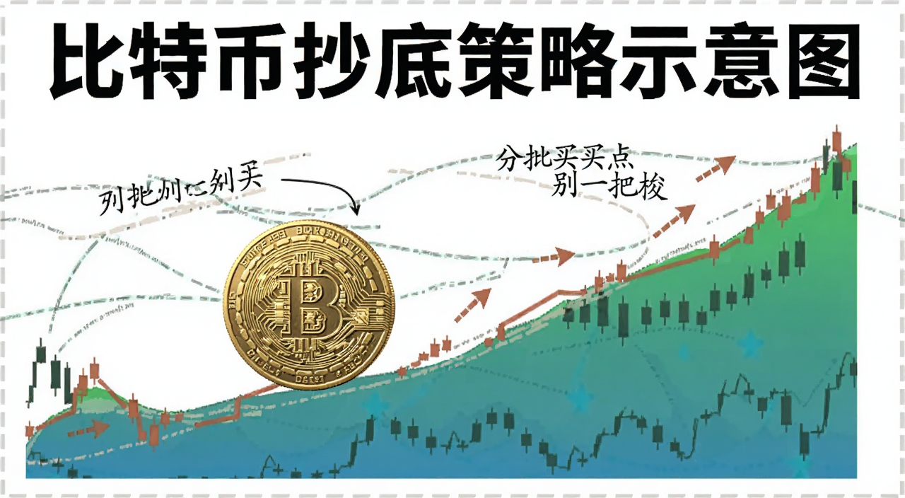 比特币抄底策略示意图,标注分批买入点位与风险控制文字“别一把梭”