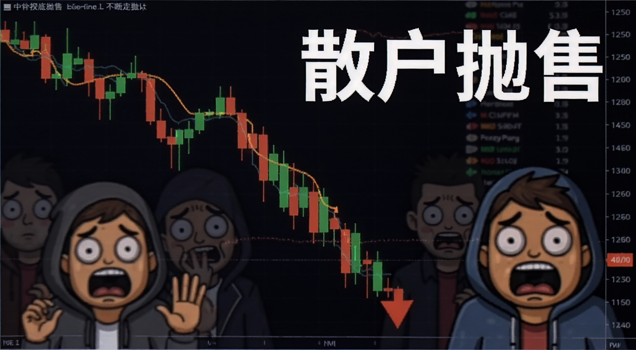 比特币不断探底行情走势图,画面中有下跌的K线图和恐慌的散户表情,标注文字“散户抛售”