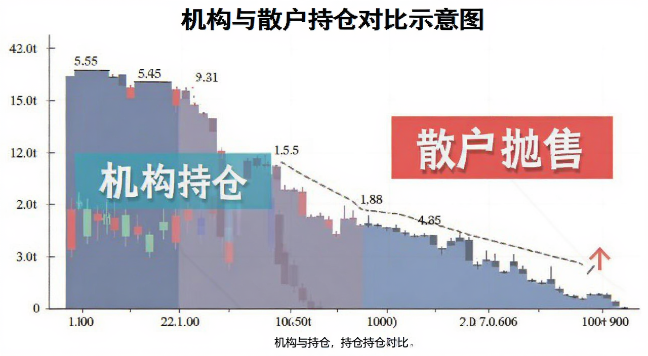 机构与散户持仓对比示意图,标注“机构持仓”“散户抛售”文字