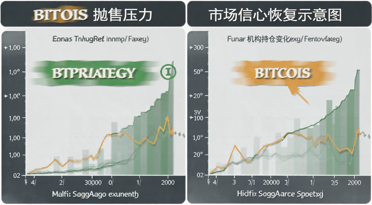 比特币抛售压力与市场信心恢复示意图,包含Strategy和比特币关键词,图表展示机构持仓变化