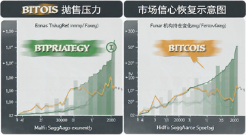 比特币抛售压力与市场信心恢复示意图,包含Strategy和比特币关键词,图表展示机构持仓变化