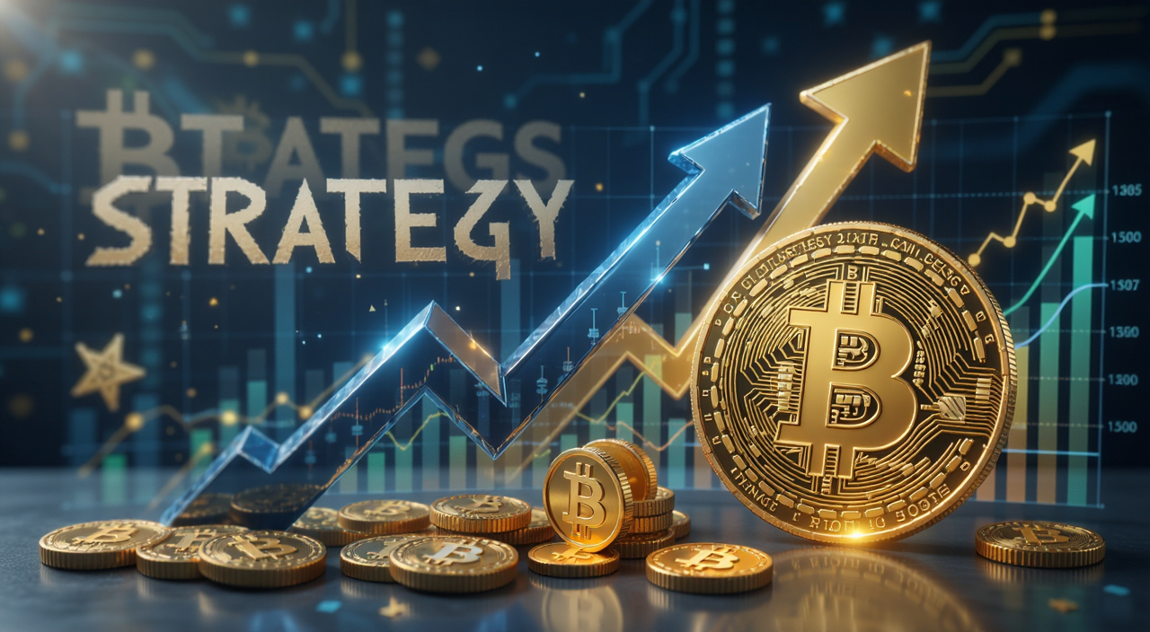 比特币投资信心恢复概念图,包含Strategy和比特币关键词,画面中有向上箭头和持仓图表