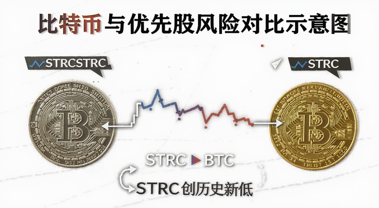 比特币与优先股风险对比示意图 文字标注STRC和BTC,关键词STRC创历史新低