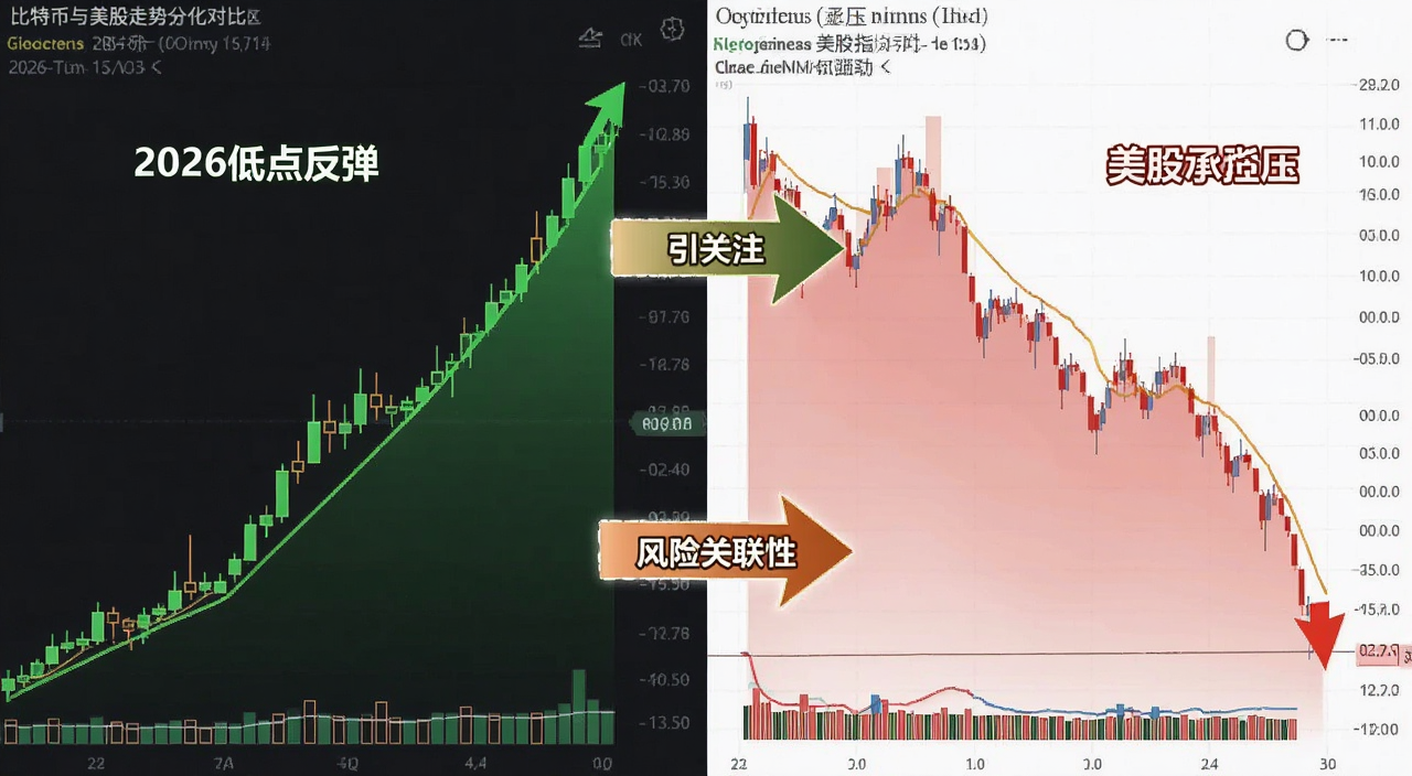 比特币与美股走势分化对比图,左侧比特币K线自低点反弹向上,右侧美股指数承压下行,中间用箭头标注风险关联性引关注,文字注明“2026低点反弹”和“美股承压”