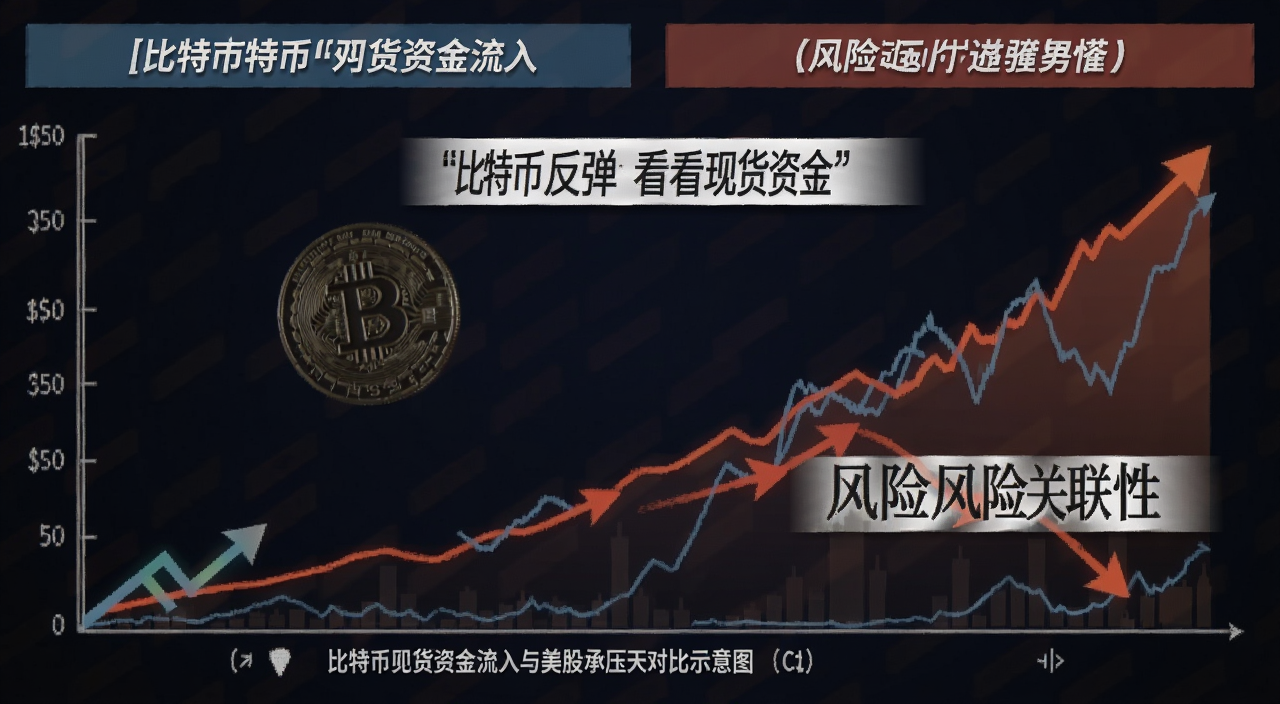 比特币现货资金流入与美股承压对比示意图,标注“比特币反弹仍看现货资金”和“风险关联性”文字
