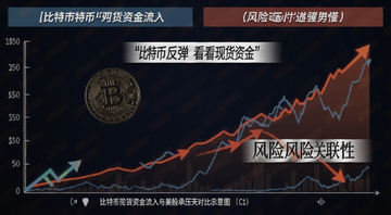 比特币现货资金流入与美股承压对比示意图,标注“比特币反弹仍看现货资金”和“风险关联性”文字