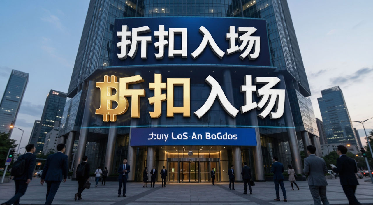 主权基金将比特币折扣视为切入点,画面中要有机构大楼和比特币符号,文字注明“折扣入场”
