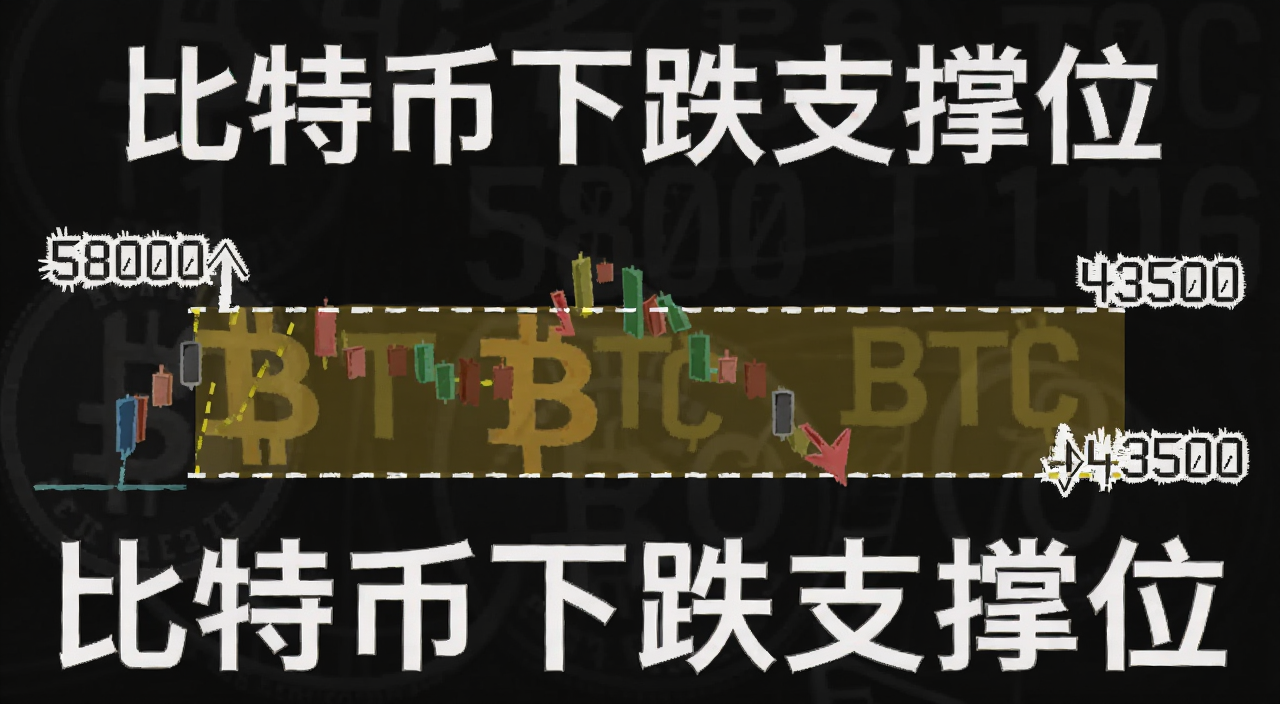 比特币BTC关键支撑位示意图,画面标注58000和43500两个价格位置,用虚线标出支撑区域,文字注明