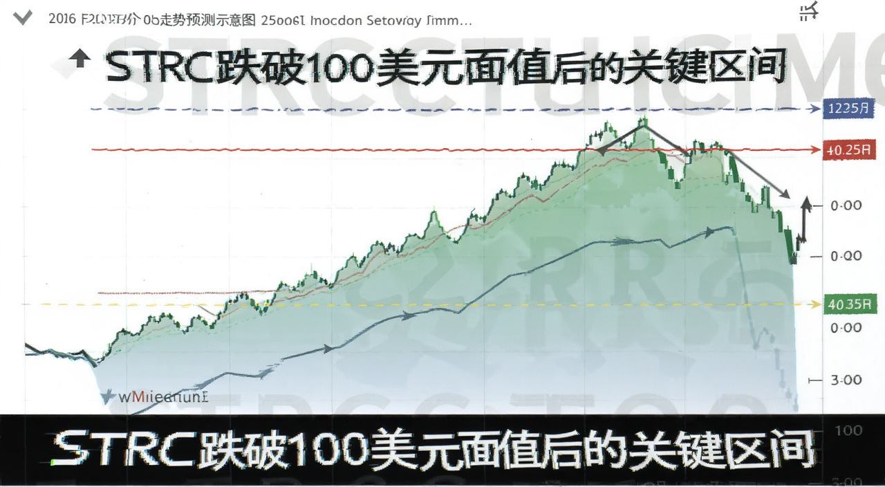 STRC币2026年价格走势预测示意图,标注关键支撑位和阻力位,文字注明“STRC跌破100美元面值后的关键区间”