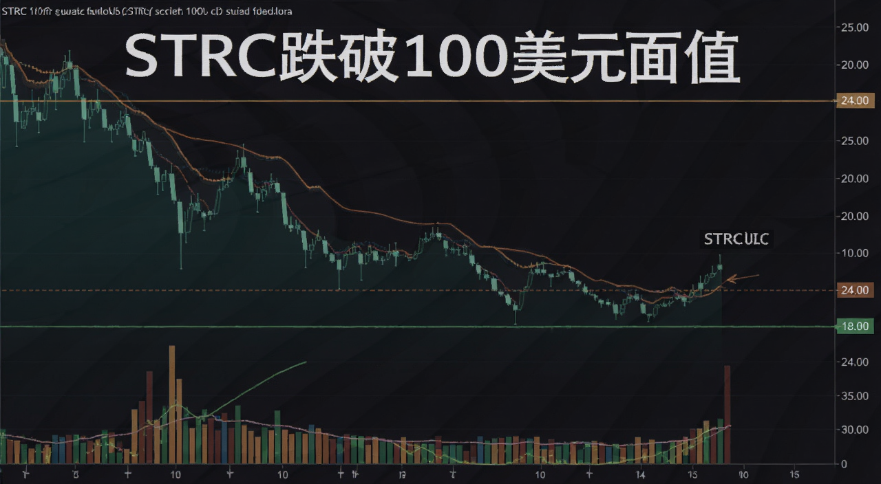 STRC币价跌破100美元面值走势图,图中用文字标注“STRC跌破100美元面值”和关键支撑位、成交量变化