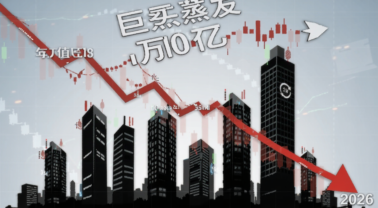 科技巨头蒸发10万亿市值 概念图 画面中显示下跌的股市曲线和科技公司大楼剪影 标注2026年市值变化