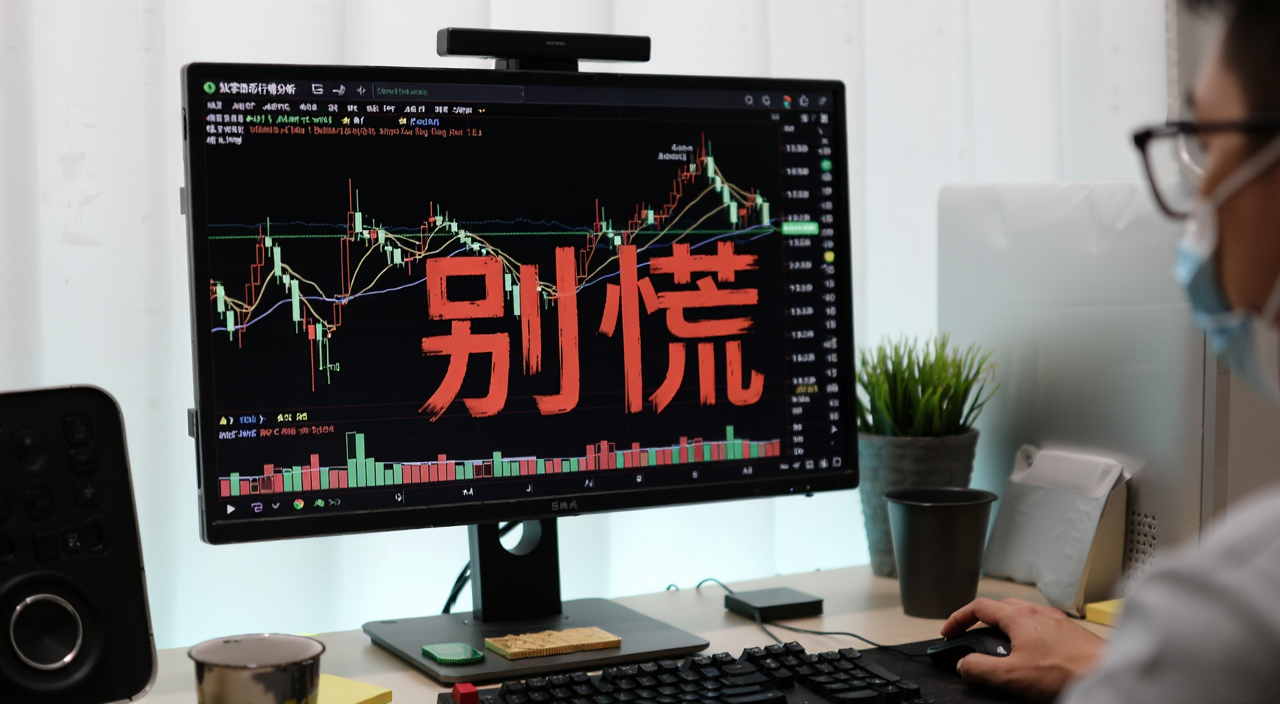 数字货币行情分析 持币者看盘 电脑屏幕K线图 配文字“别慌”