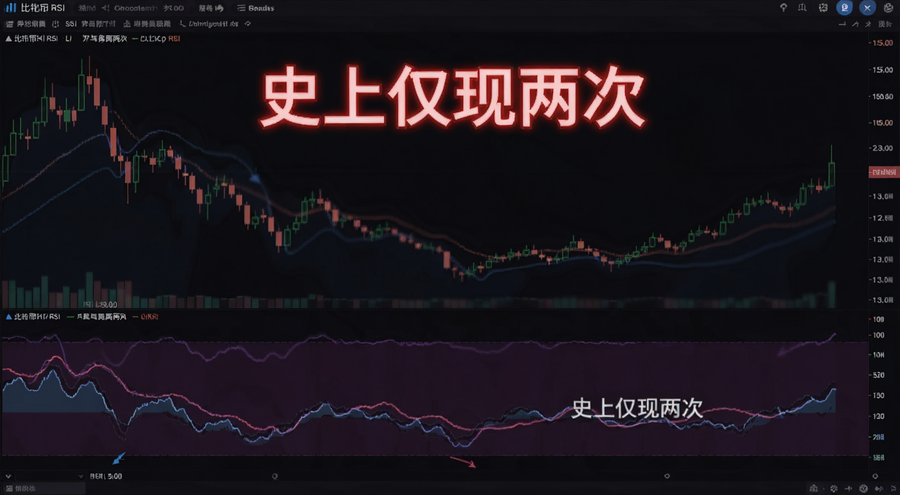 比特币RSI罕见背离亮红灯走势示意图,图中标注'史上仅现两次'字样和RSI指标曲线,背景为深色交易界面