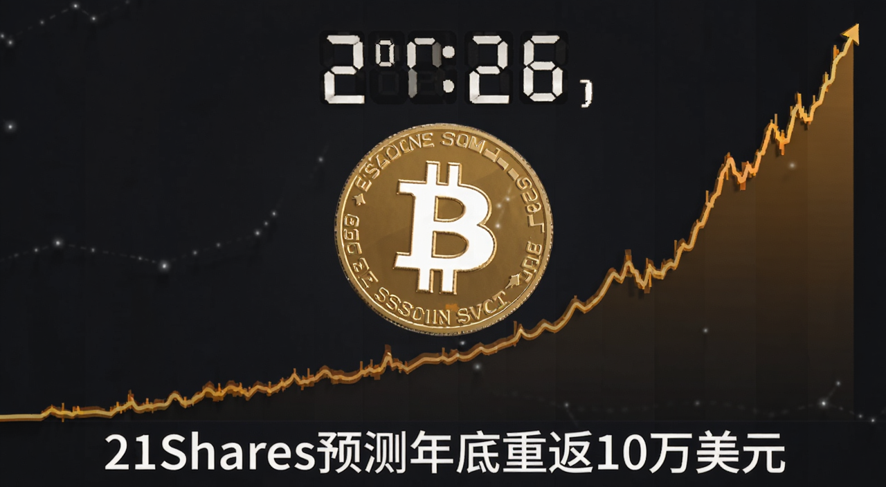 比特币减半周期走势图,画面中央是比特币标志和减半倒计时数字2026,背景是向上攀升的曲线图,底部标注“21Shares预测年底重返10万美元”字样
