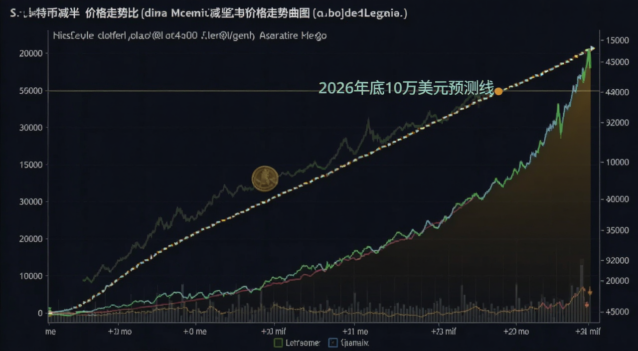 比特币减半后价格走势曲线图,关键词比特币减半后价格对比,画面显示三次减半后的价格攀升轨迹,标注“2026年底10万美元预测线”