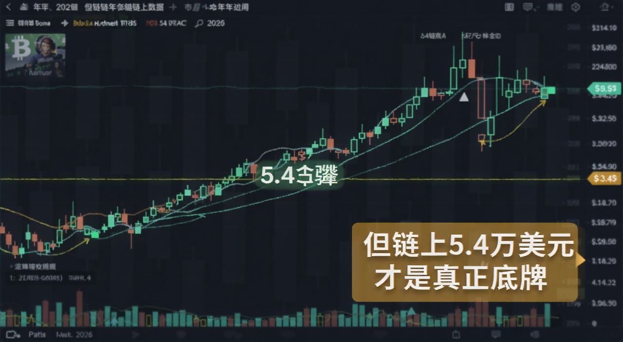 比特币链上数据走势图,画面中央显示5.4万美元关键支撑位,背景是2026年K线,旁边有