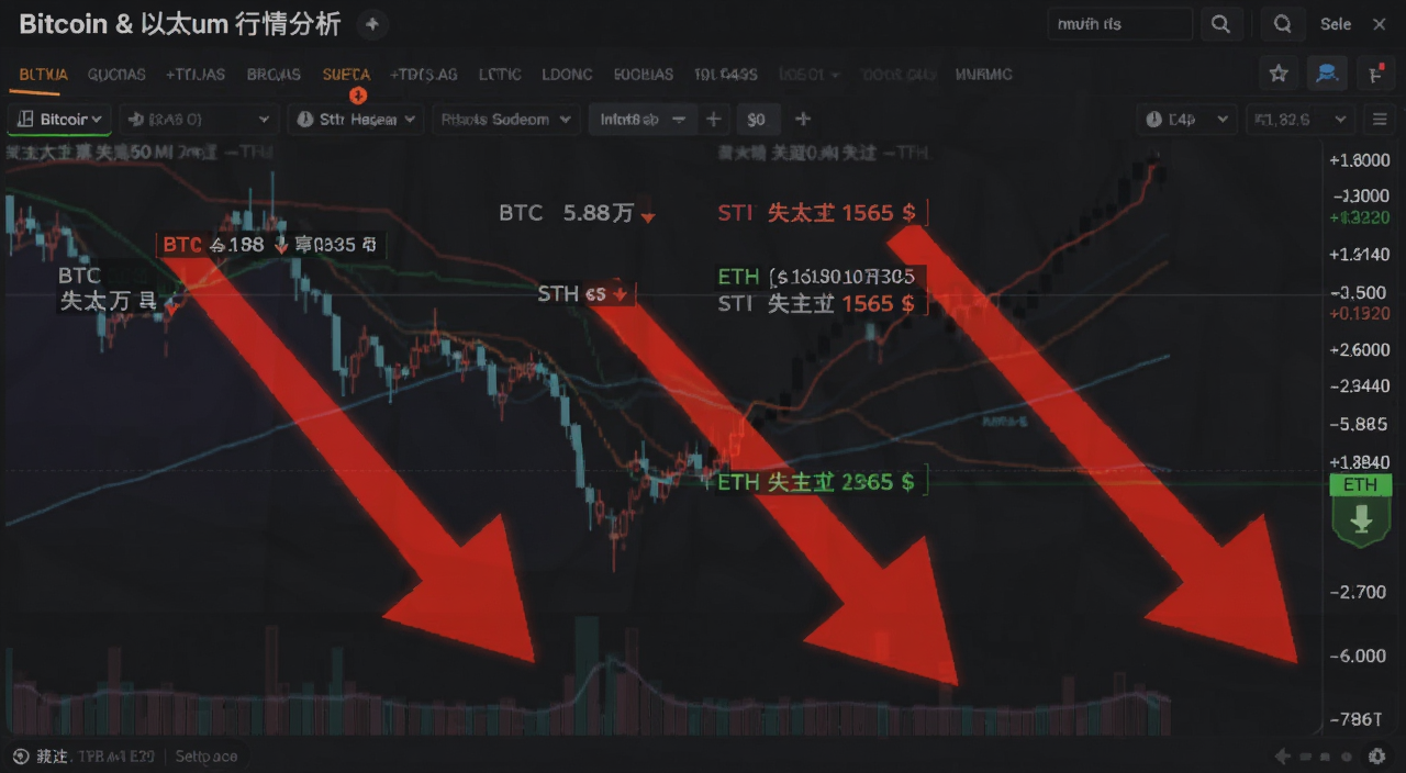比特币和以太坊行情分析表格,标注BTC下探5.88万美、ETH失守1565美元关键支撑压力位,红色下跌箭头,交易界面风格
