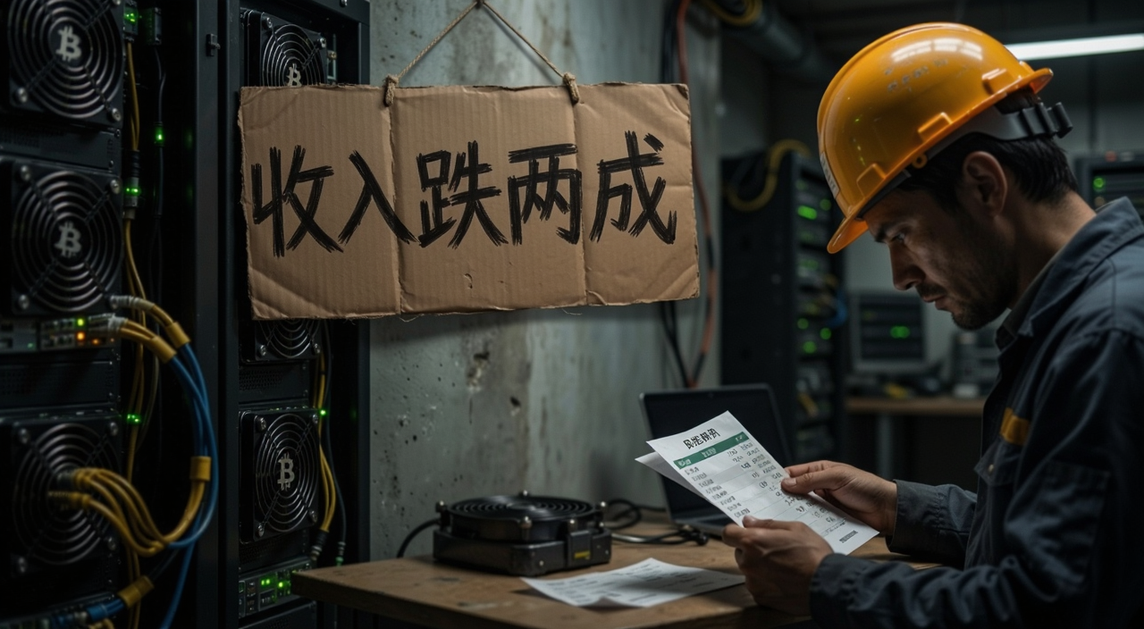 比特币矿工收入下滑矿企亏损场景,画面里矿机指示灯暗淡,墙上挂着一块写着“收入跌两成”的牌子,旁边有矿工低头看账单,关键词比特币矿工收入持续下滑!约两成矿企陷亏损