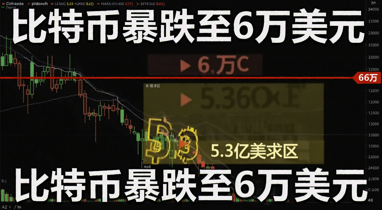 比特币暴跌6万美元K线走势图,画面中有醒目的6万价格线和5.3亿美元需求区标注,文字注明“比特币暴跌至6万美元”