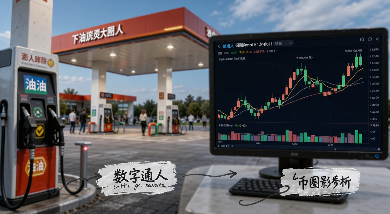 油价下跌对普通人和币圈的影响 加油站 数字货币K线图 文字标注影响分析
