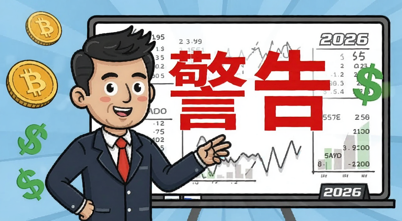 分析师警告投资骗局,一个穿着西装的卡通分析师站在写满数据的白板前,白板上用红色大字写着“警告”两个字,旁边散落着比特币和美元符号,整体风格偏新闻插画,有“2026”字样