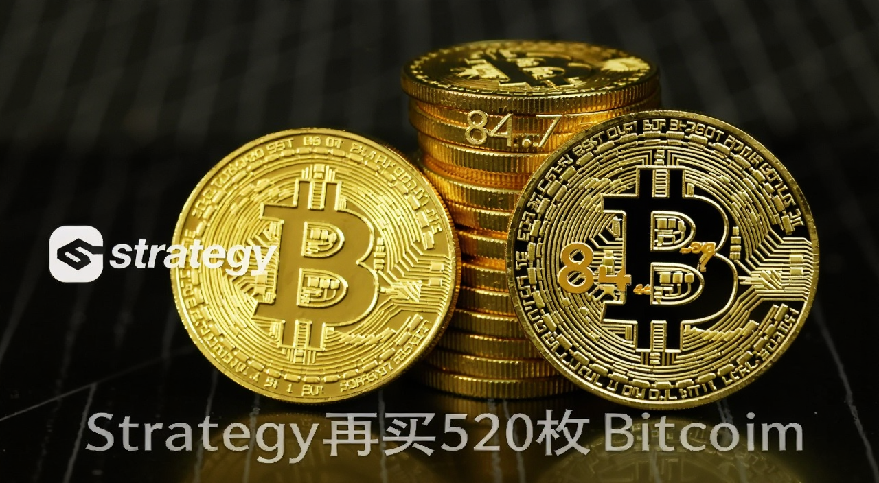 比特币金色硬币堆叠在深色背景中,旁边有Strategy公司标志和84.7万枚数字,象征机构大额持仓,文字注明Strategy再买520枚比特币