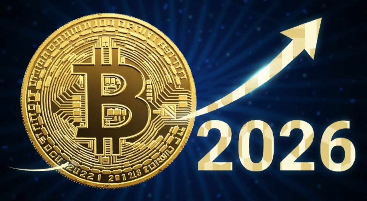 比特币2026年上涨趋势概念图,画面为比特币金色硬币与向上箭头曲线,背景深蓝色调,带“2026”字样