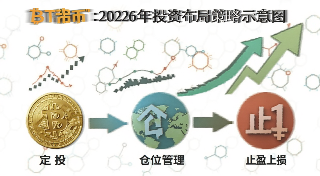 比特币2026年投资布局策略示意图,包含定投、仓位管理、止盈止损图标,关键词比特币展望上涨