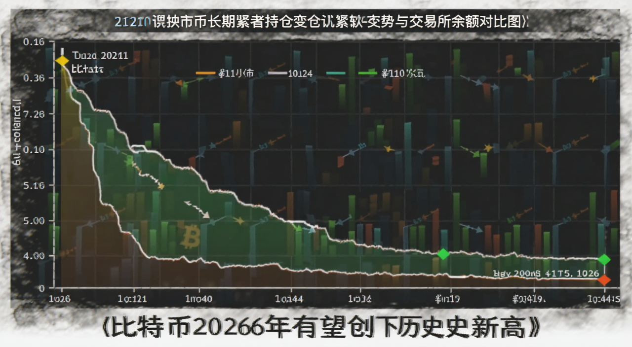 比特币长期持有者持仓变化与交易所余额对比图,展示供应收紧趋势,配文比特币2026年有望创下历史新高