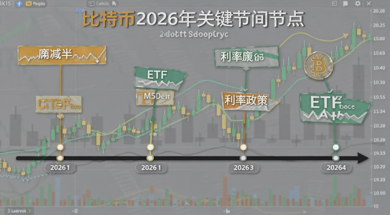 比特币2026年关键时间节点图表,用时间轴形式展示减半、ETF、利率政策等事件,背景是比特币K线图,文字标注2026年有望创下历史新高