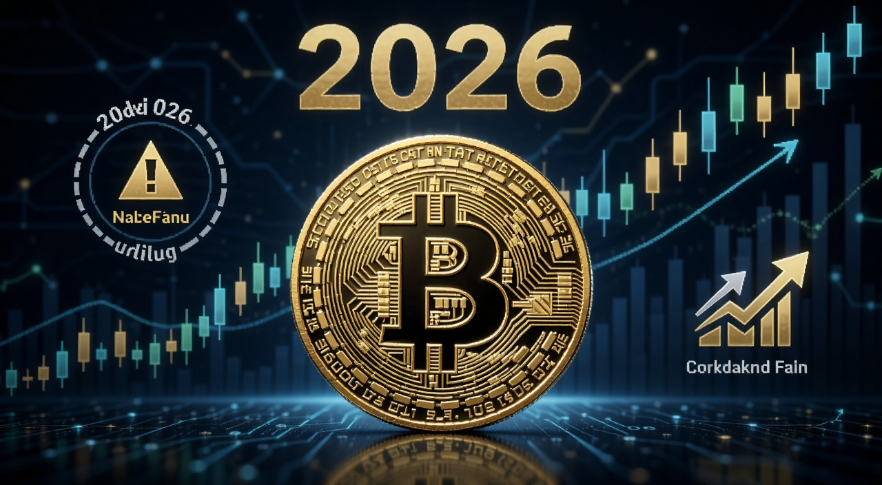 比特币2026年价格走势概念图,画面中央是一枚金色比特币,背景是向上攀升的K线图和2026字样,旁边有减半周期和机构资金流入的图标,整体风格偏科技金融