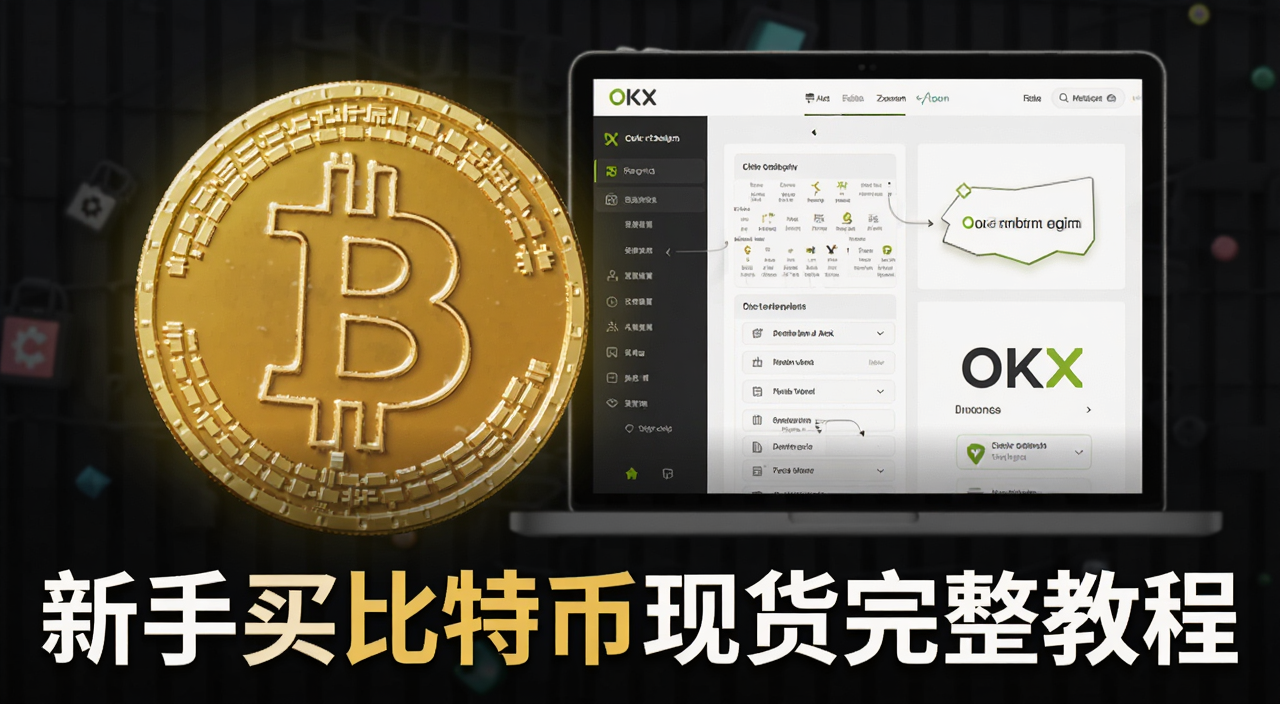 比特币现货购买OKX新手教程封面图,画面中央显示比特币符号和OKX界面示意图,下方用文字标注“新手买比特币现货完整教程”