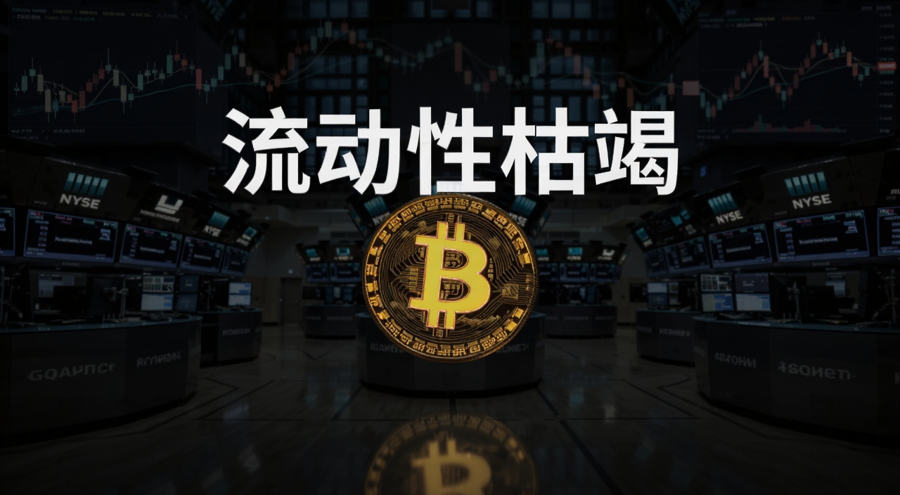 比特币周末流动性差深度解读,画面主体为比特币标志在空旷的交易大厅中孤零零闪烁,背景是暗淡的K线图,象征周末市场冷清,图片中央用文字标注“流动性枯竭”