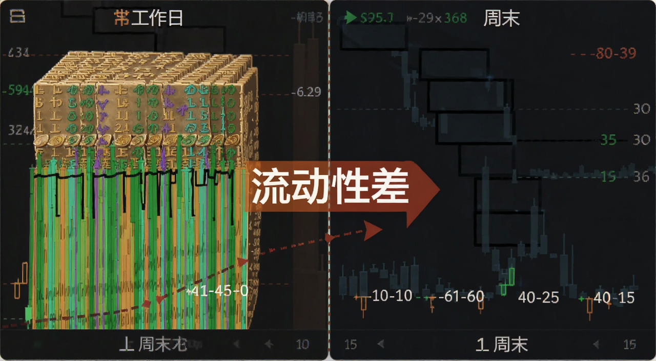 比特币周末交易深度对比图,左侧为工作日厚重挂单墙,右侧为周末稀疏挂单,中间用文字标注“流动性差”,关键词比特币周末流动性