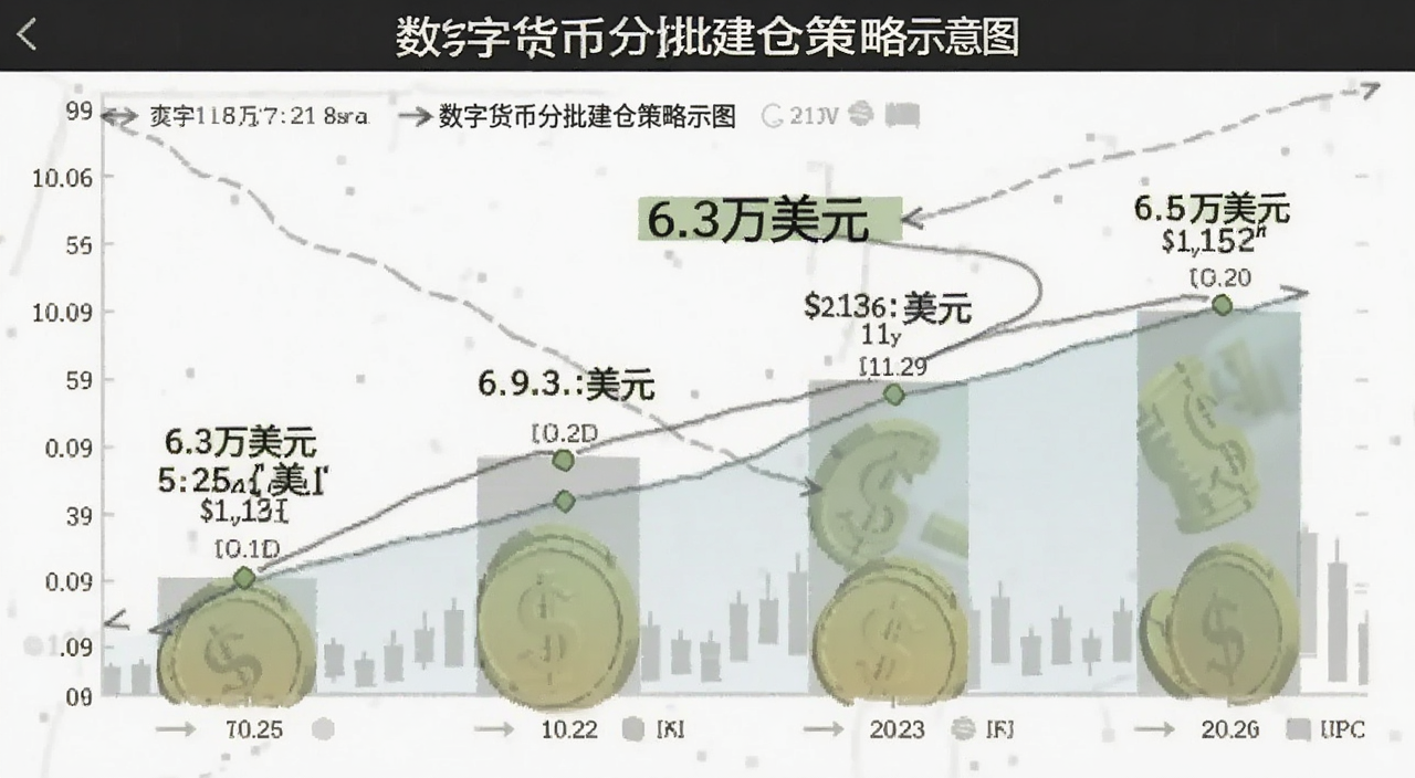 数字货币分批建仓策略示意图,标注“6.3万美元”附近分四批买入的价位区间