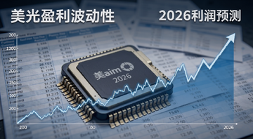 美光盈利波动性分析2026,画面主体是存储芯片与上下起伏的折线图,背景有财报数据表格,文字标注“美光盈利波动性”“2026利润预测”
