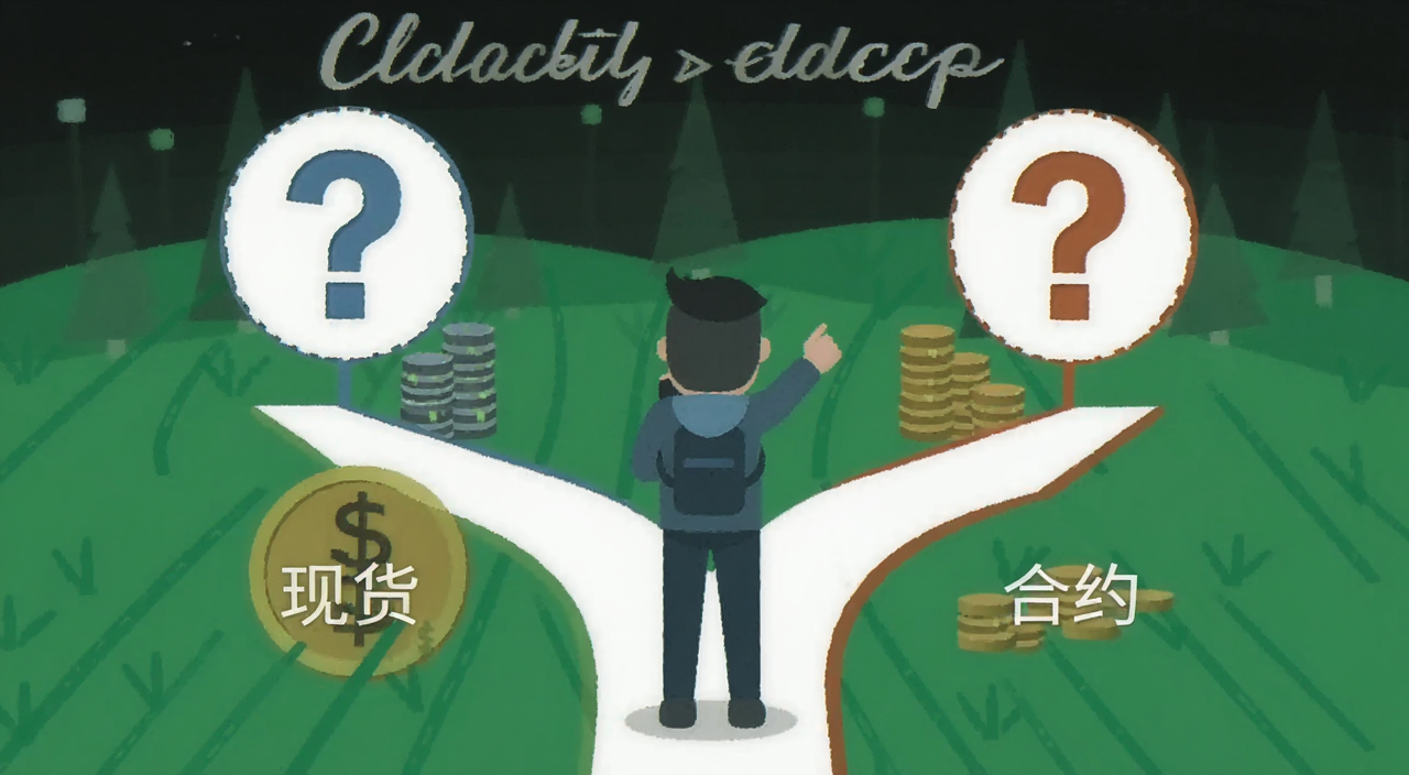 比特币现货和合约交易区别新手怎么选,画面中一个新手面对两条分岔路,左边写着现货右边写着合约,整体风格简洁扁平化,带问号图标