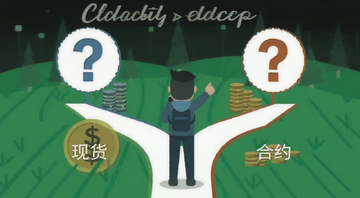 比特币现货和合约交易区别新手怎么选,画面中一个新手面对两条分岔路,左边写着现货右边写着合约,整体风格简洁扁平化,带问号图标