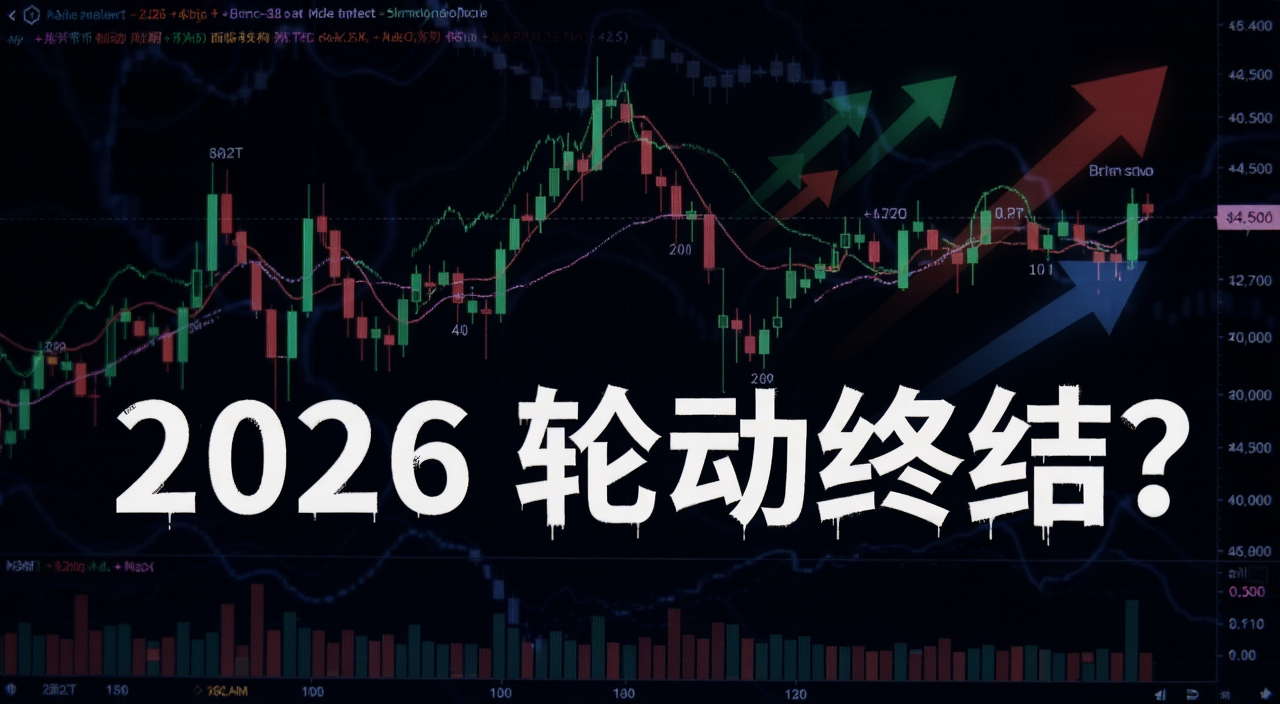 山寨币轮动周期或面临结构性终结 概念图 文字标注“2026 轮动终结?” 背景为加密K线图与资金流向箭头