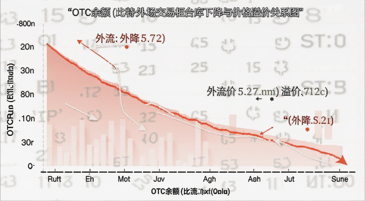 比特币场外交易柜台库存下降与价格溢价关系图,图中标注OTC余额、外流、溢价等文字