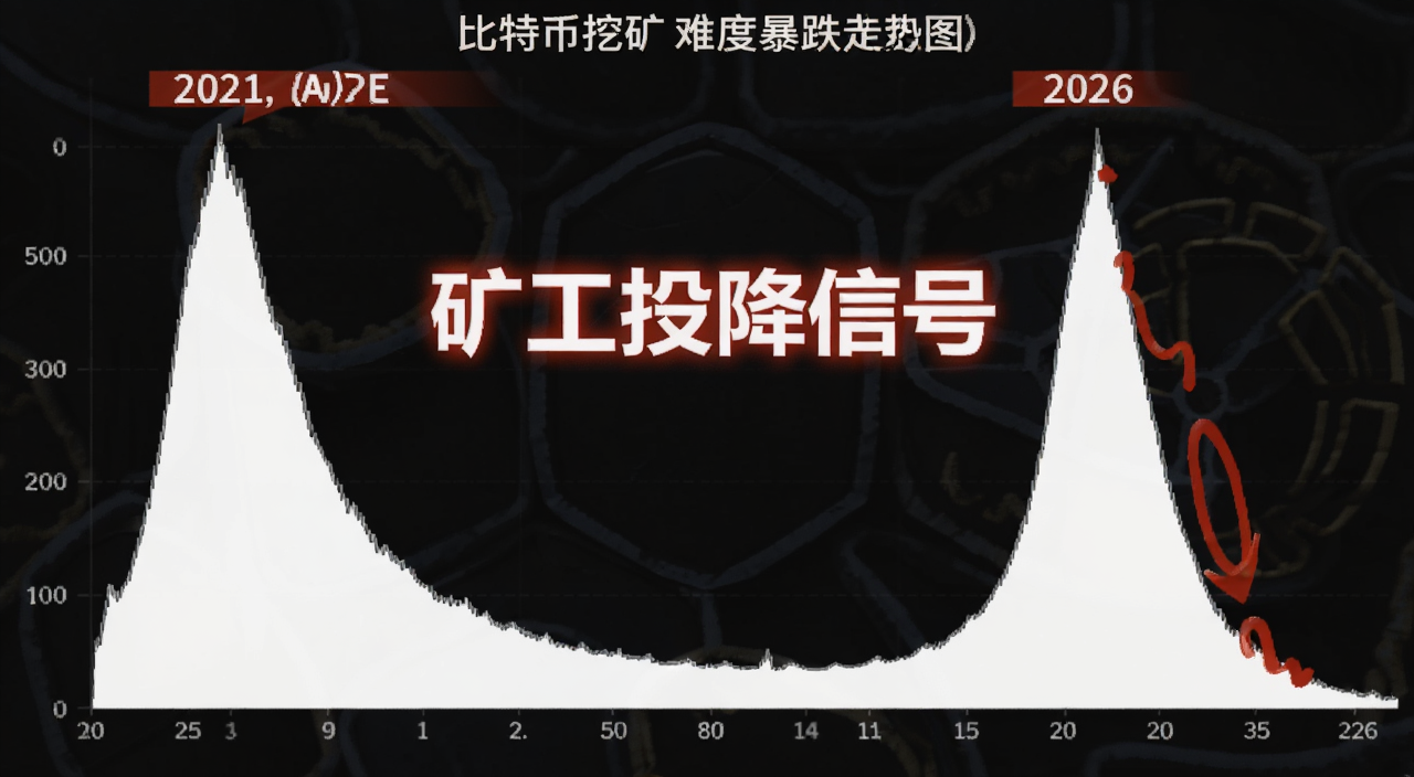 比特币挖矿难度暴跌走势图,图中标注2021年与2026年两次最大跌幅对比,文字注明“矿工投降信号”,核心关键词挖矿难度