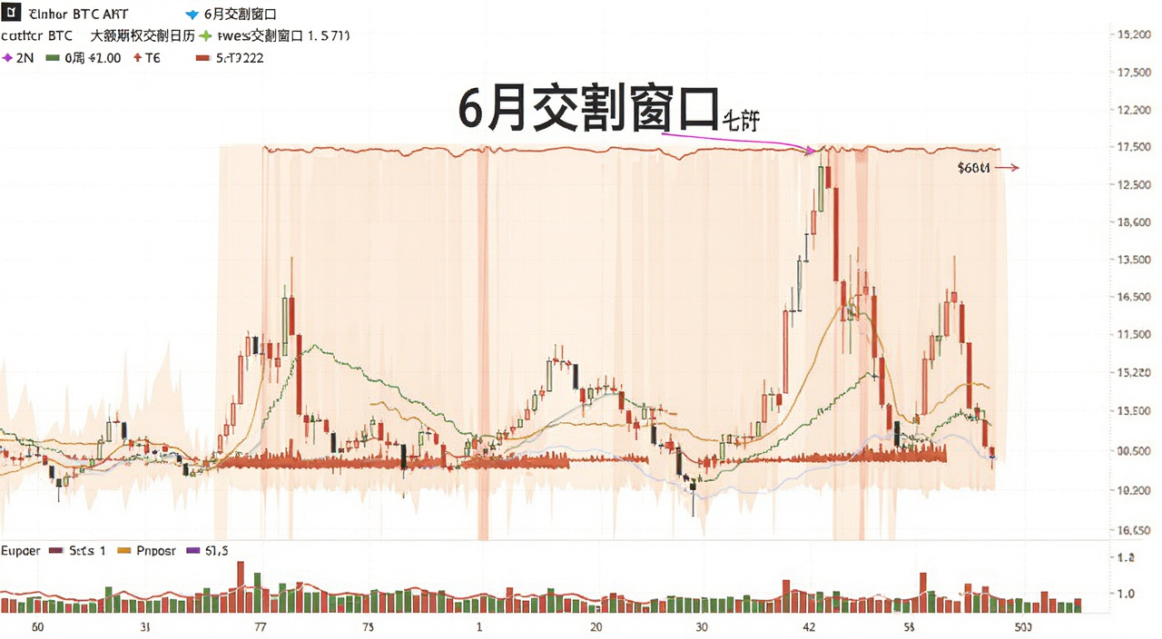 比特币BTC大额期权交割日历与K线波动示意图,图中标注6月交割窗口和价格剧烈波动区域,文字注明“6月交割窗口”