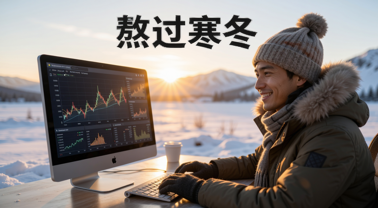 寒冬过后加密货币市场回暖太阳升起,投资者微笑看屏幕,文字