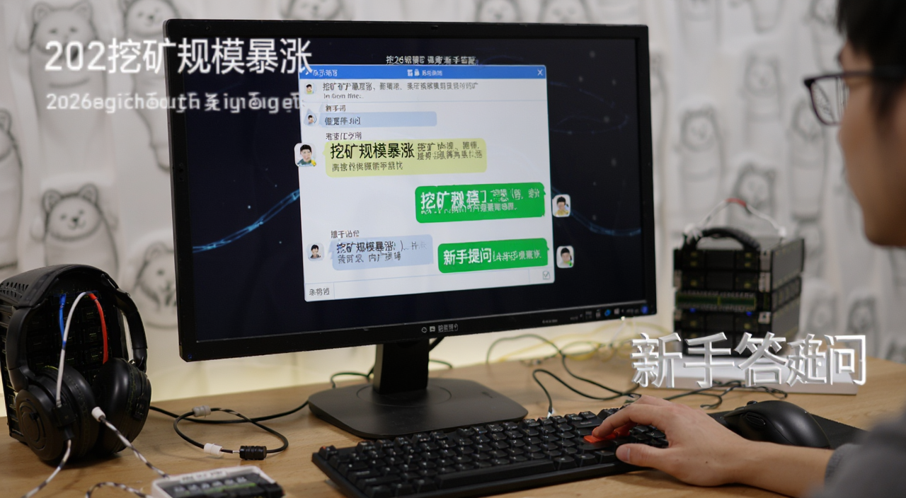 2026挖矿规模暴涨新手答疑场景图,提示词包含“挖矿规模暴涨”和“新手提问”,画面是电脑屏幕上的问答对话框